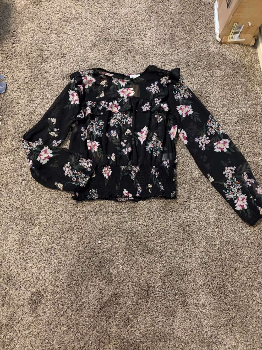 love, Fire Black Floral Long-Sleeve Smocked Peplum Blouse